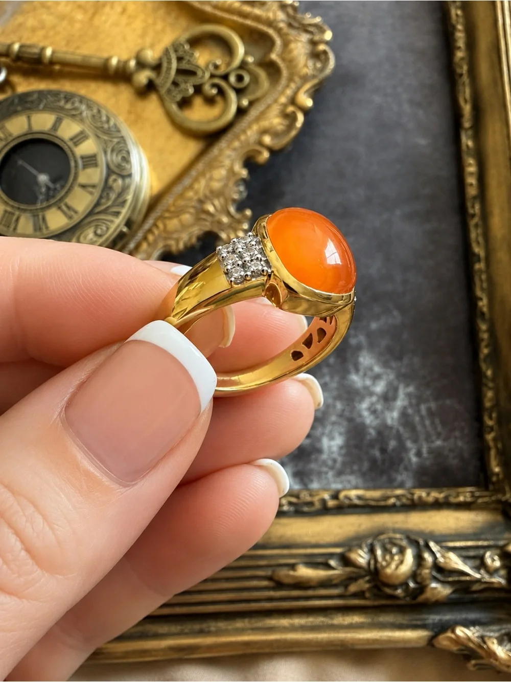 🆕 SONI • Gold Ring Orange Cabochon Crystal Stones Cocktail  Ring